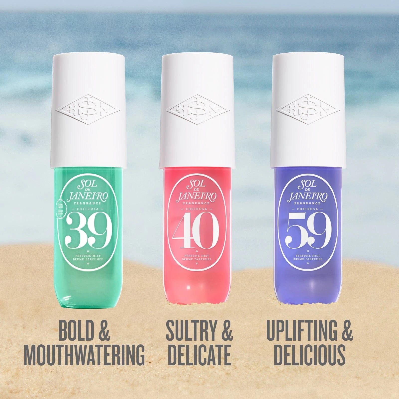 Text on image reads bold and mouthwatering, sultry and delicate and uplifting and delicious. This is an image of all the scents in this mist trio bundle, cheirosa 39, cheirosa 40, cheirosa 59 perfume mist