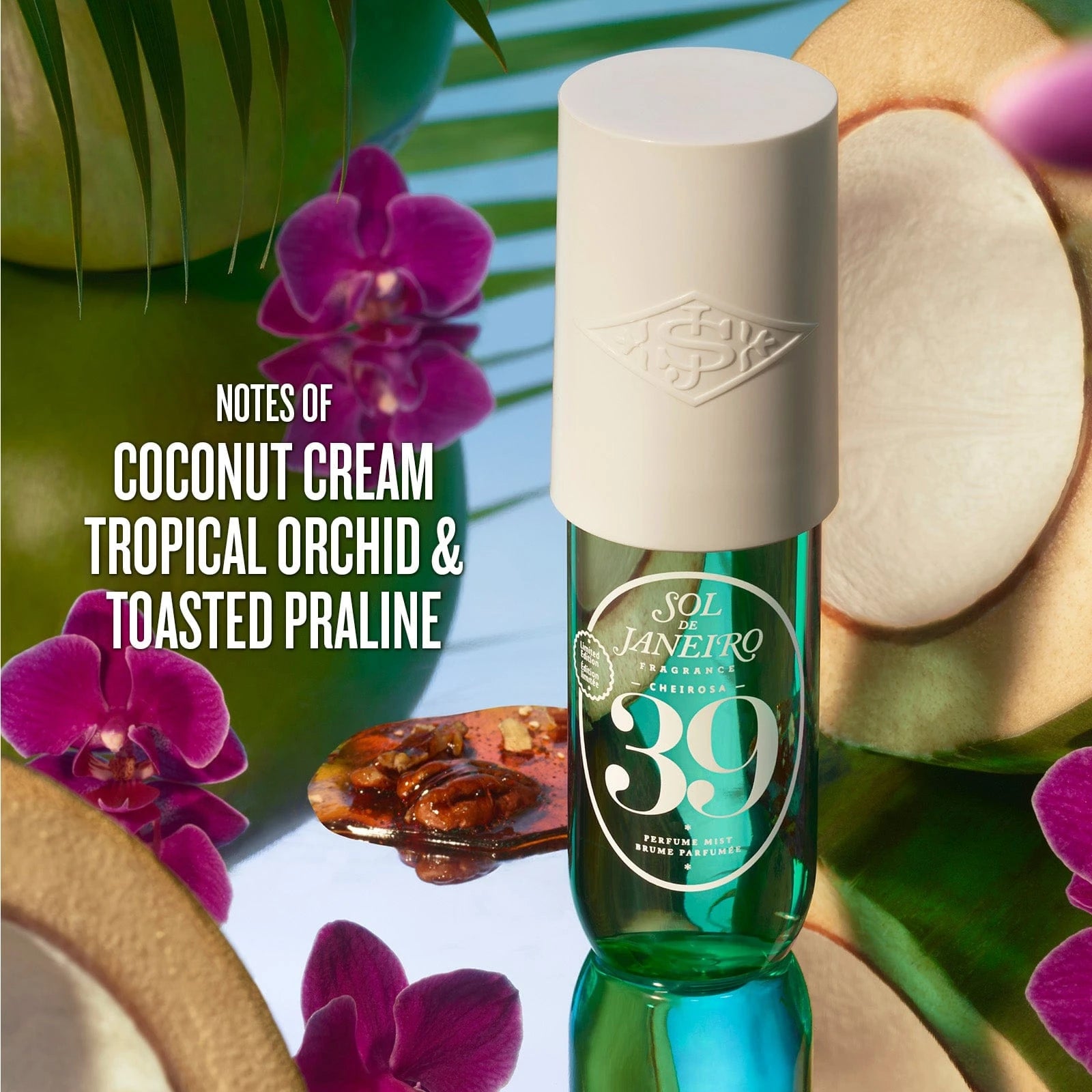 Text on image reads notes of coconut cream, tropical orchid and toasted praline. This is an image of sol de janeiro cheirosa 39 perfume mist limited edition