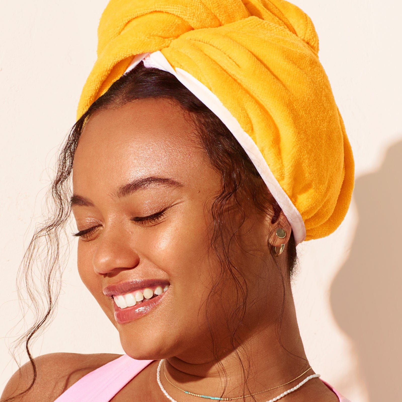 hair towel on model smiling