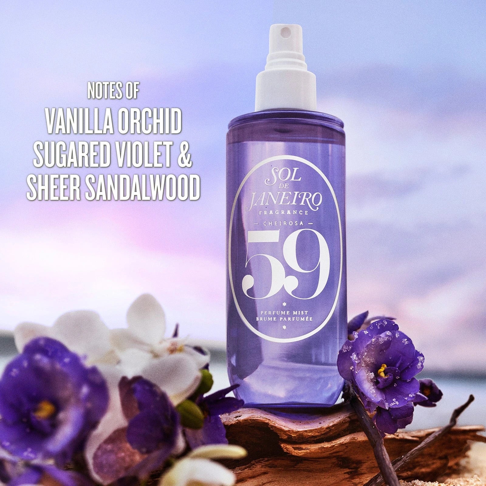 Text on image reads notes of vanilla orchid, sugared violet, and sheer sandalwood. This is an image of sol de janeiro cheirosa 59 perfume mist scent notes