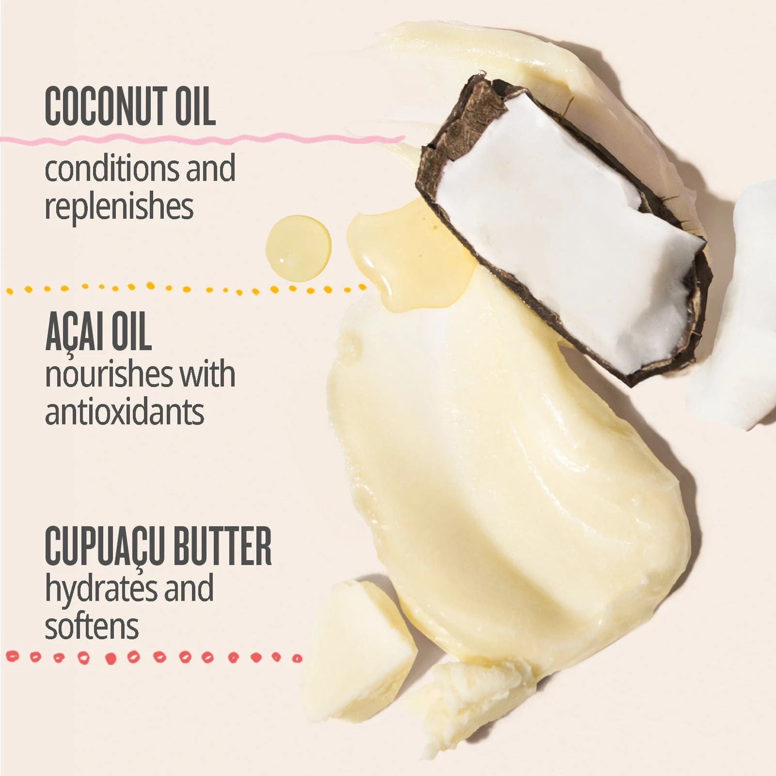 coconut oil conditions and replenishes, acai oil nourishes with antioxidants, cucuacu butter hydrates and softens