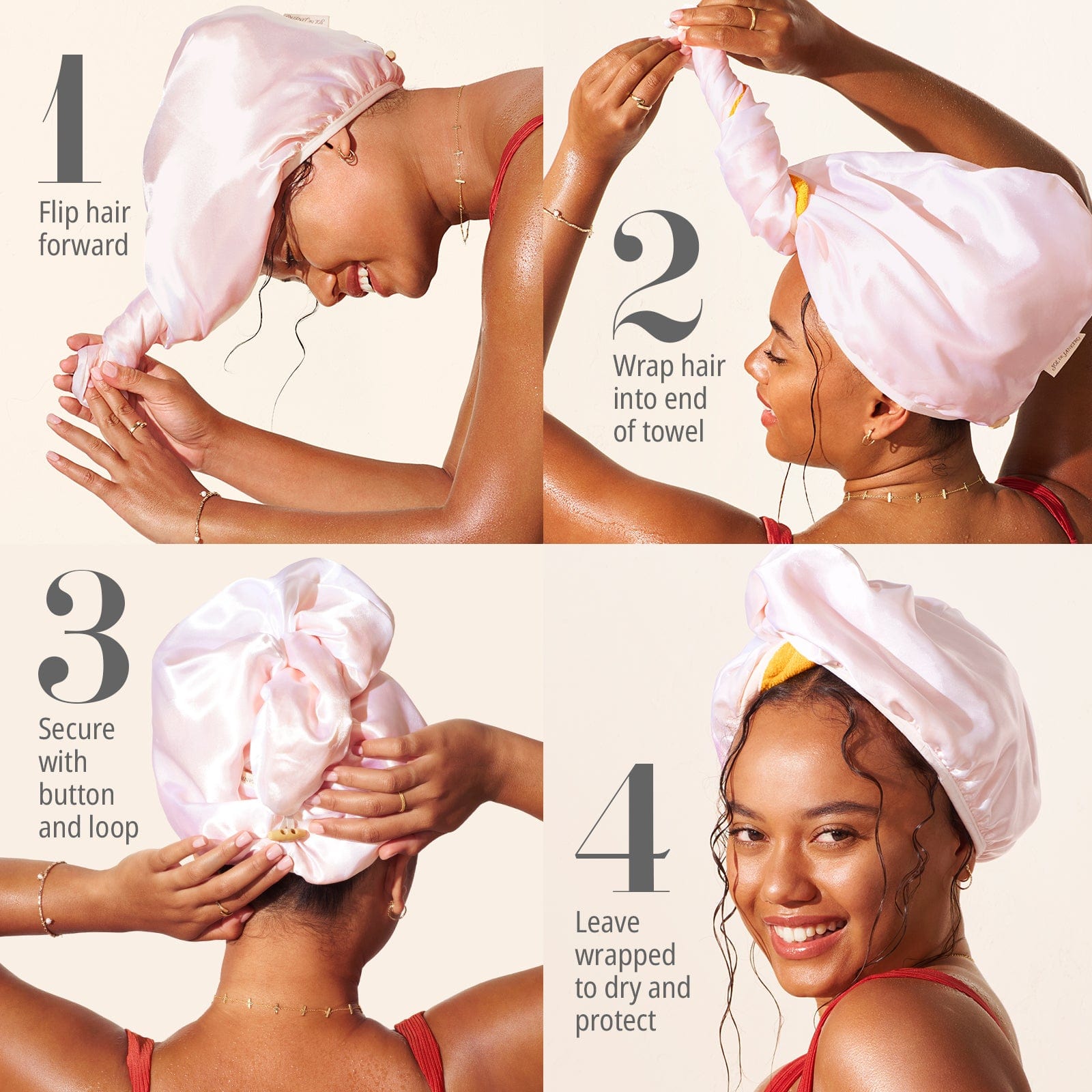 1 flip hair forward 2 wrap hair into end of towel 3 secure with button and loop 4 leave wrapped to dry and protect