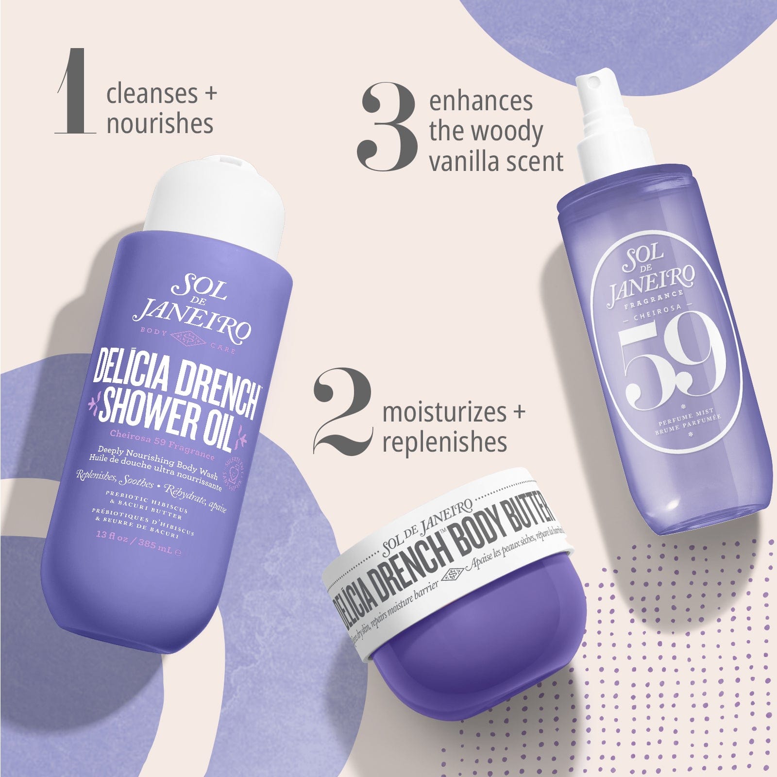 1 cleanses + nourishes, 2 moisturizes + replenishes, 3 enhances the woody vanilla scent