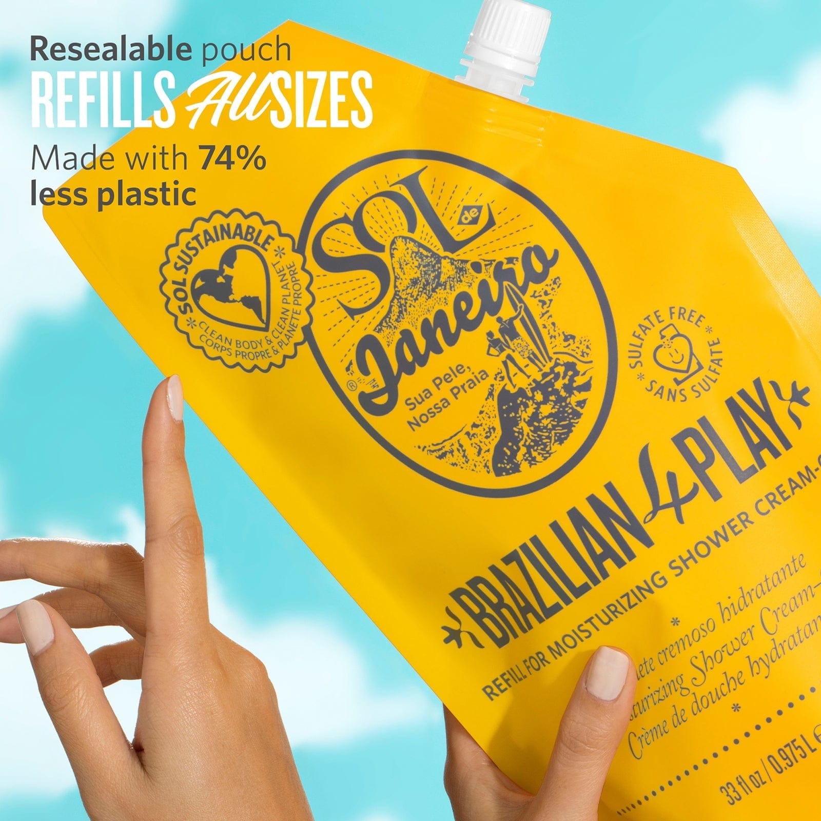 Resealable pouch refills all sizes. Made with 74% less plastic