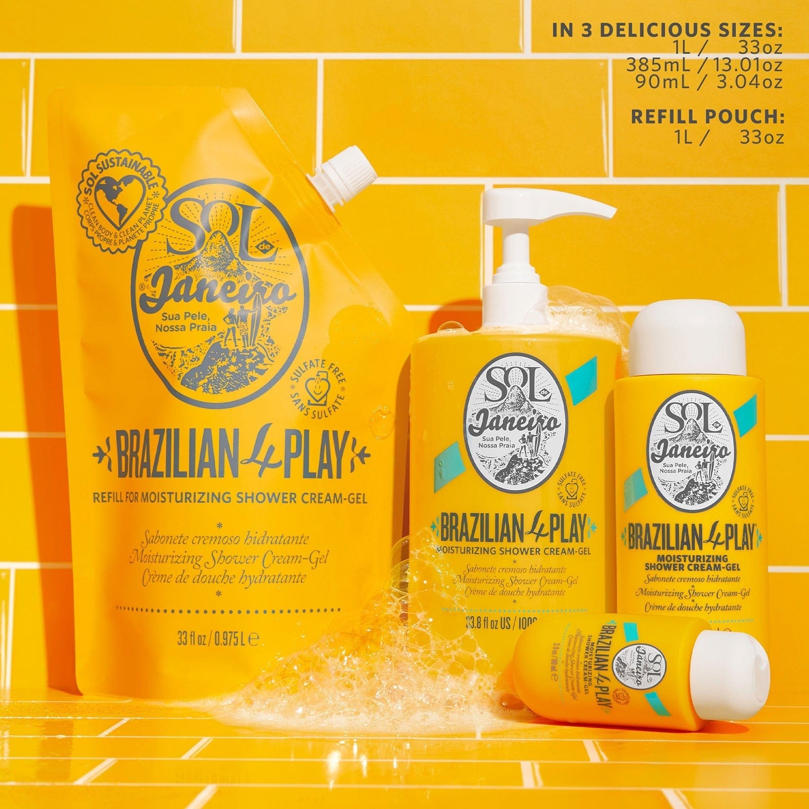 In 3 delicious sizes: 1 liter, 285ml, 90ml and refill pouch 1 liter