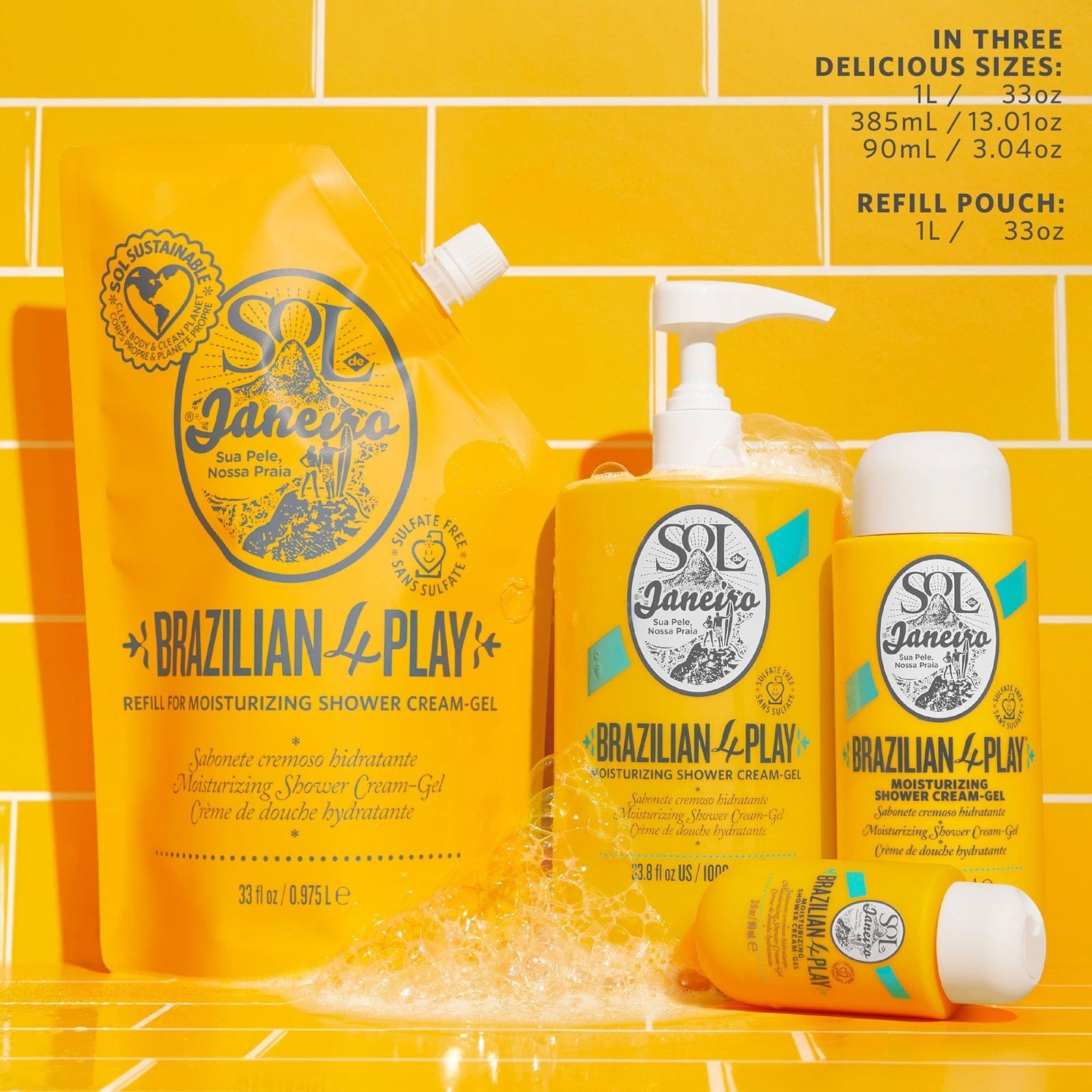 In three delicious sizes, 1 liter, 385ml, 90ml, and refill pouch in 1 liter