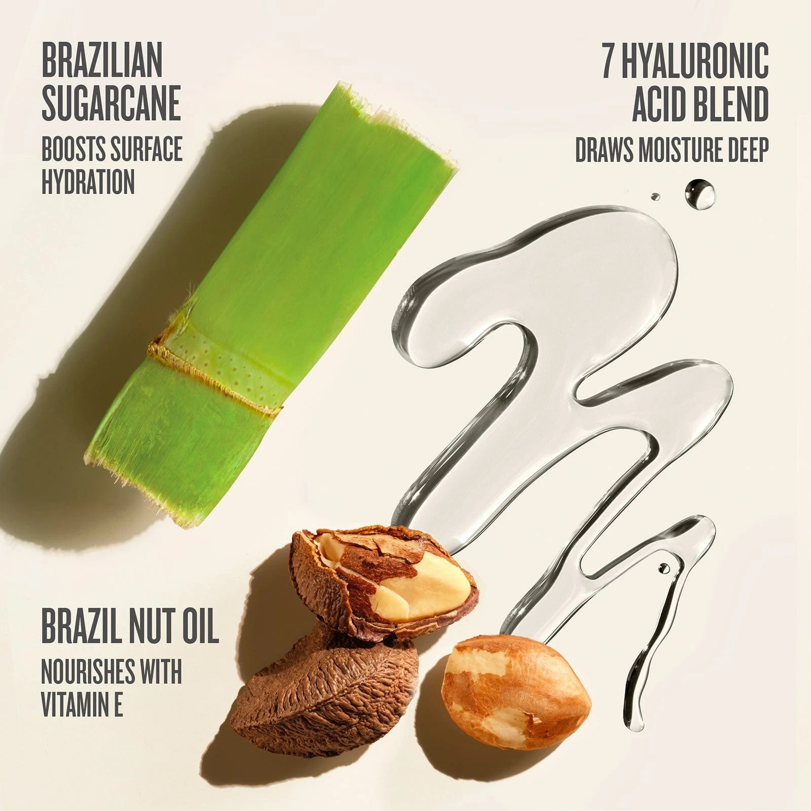 Text on image reads "Brazilian sugarcane boosts surface hydration, 7 Hyaluronic acid blend draws moisture deep, Brazil nut oil nourishes with vitamin e" This image shows all of the ingredients that are featured in Sol de Janeiro Badalada Lotion