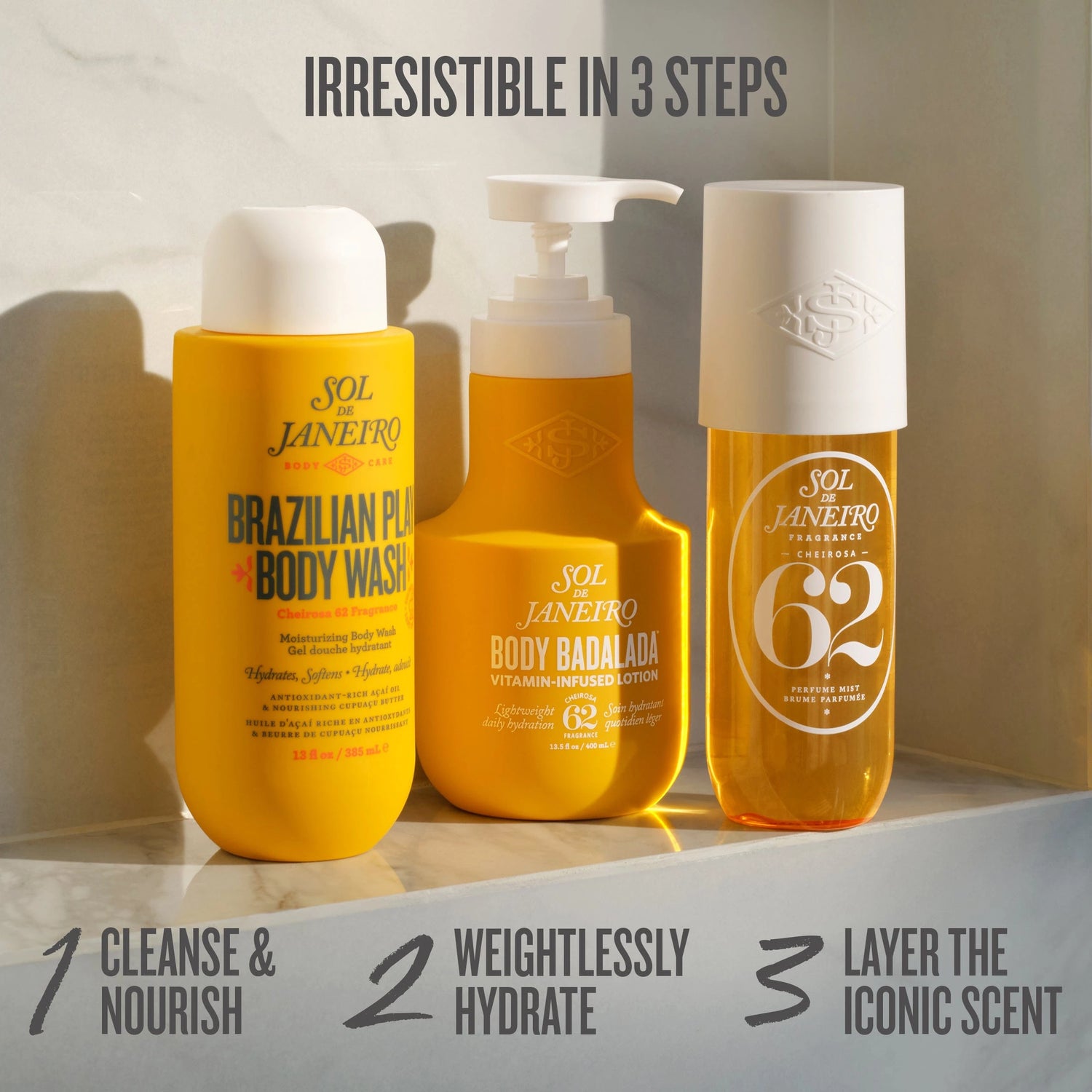 irresistible in 3 steps, 1. cleanse & nourish 2. Weightlessly hydrate 3. Layer the iconic scent