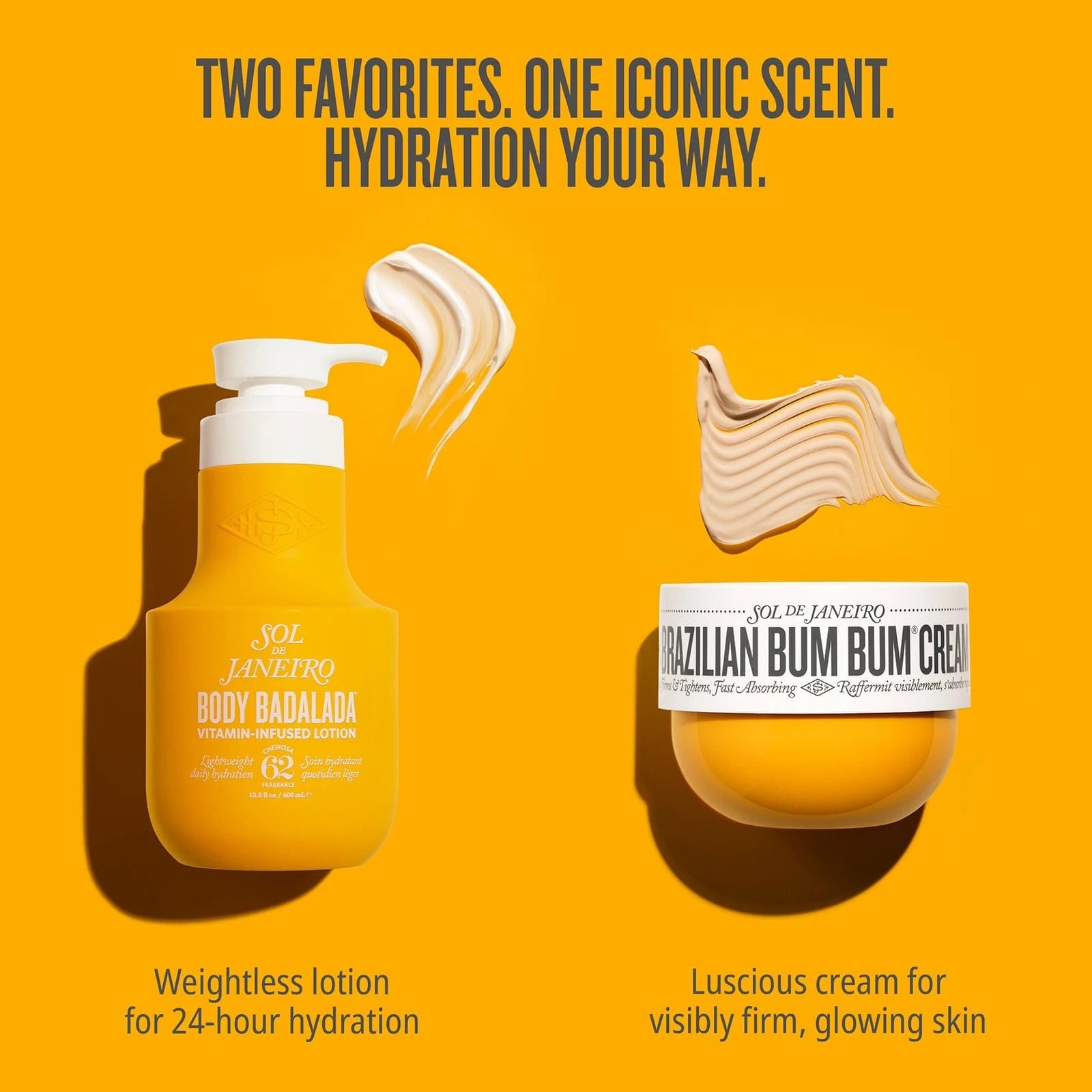The text on image reads "two favorites. one iconic scent. hydration your way. weightless lotion for 24 hour hydration. Luscious cream for visibly firm, glowing skin" This image is showing both Badalada Lotion and Bum Bum Cream