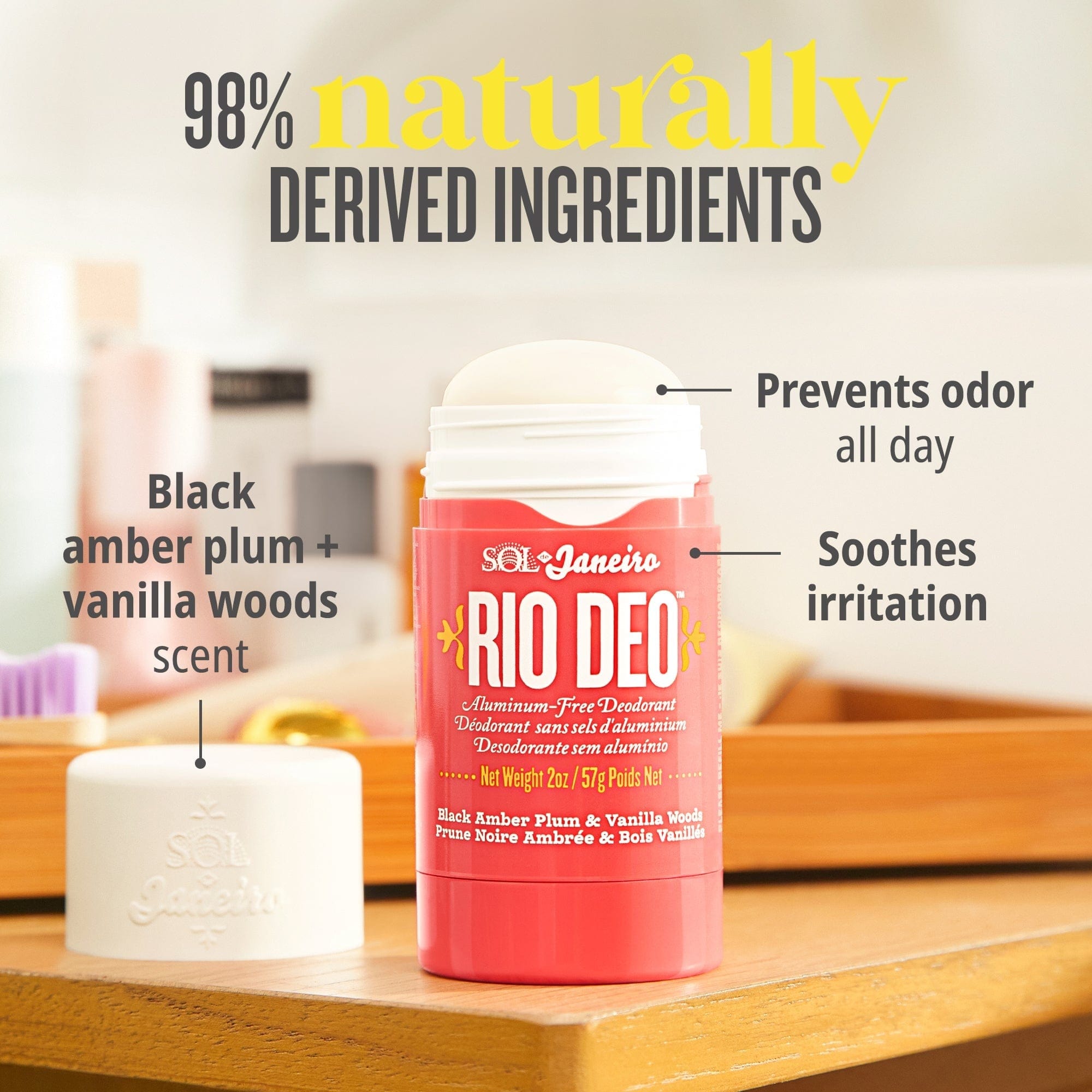 98% naturally derived ingredients - black amber plum + vanilla woods scent, prevents odor all day, soothes irritation