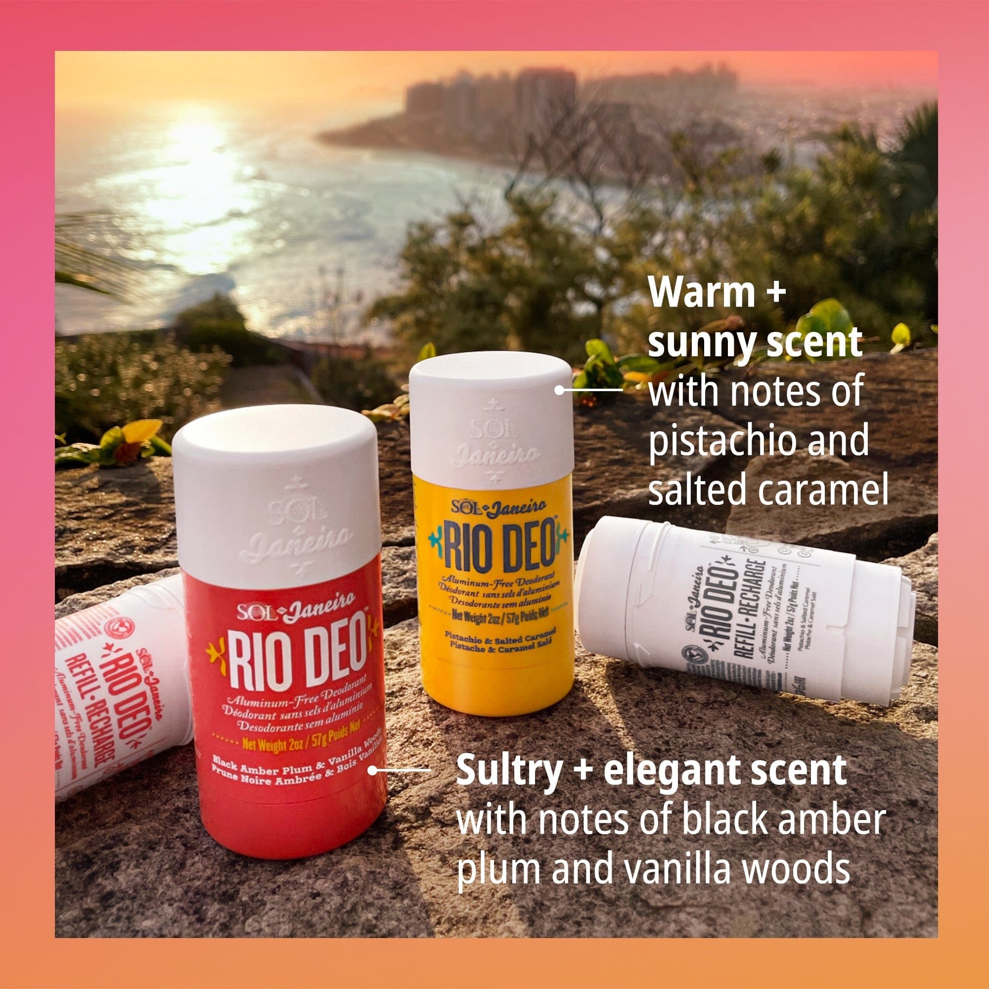 Warm + sunny scent with notes of pistachio and salted caramel, sultry + elegant scent with notes of black amber plum and vanilla woods