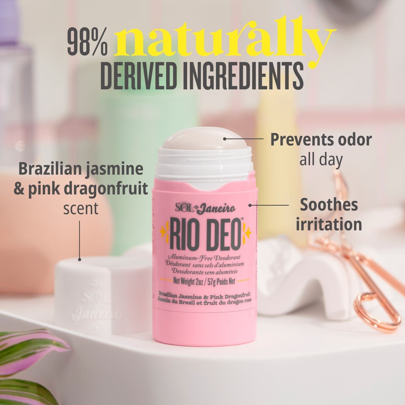 98% naturally derived ingredients. Brazilian jasmine & pink dragonfruit scent, prevents odor all day and soothes irritation