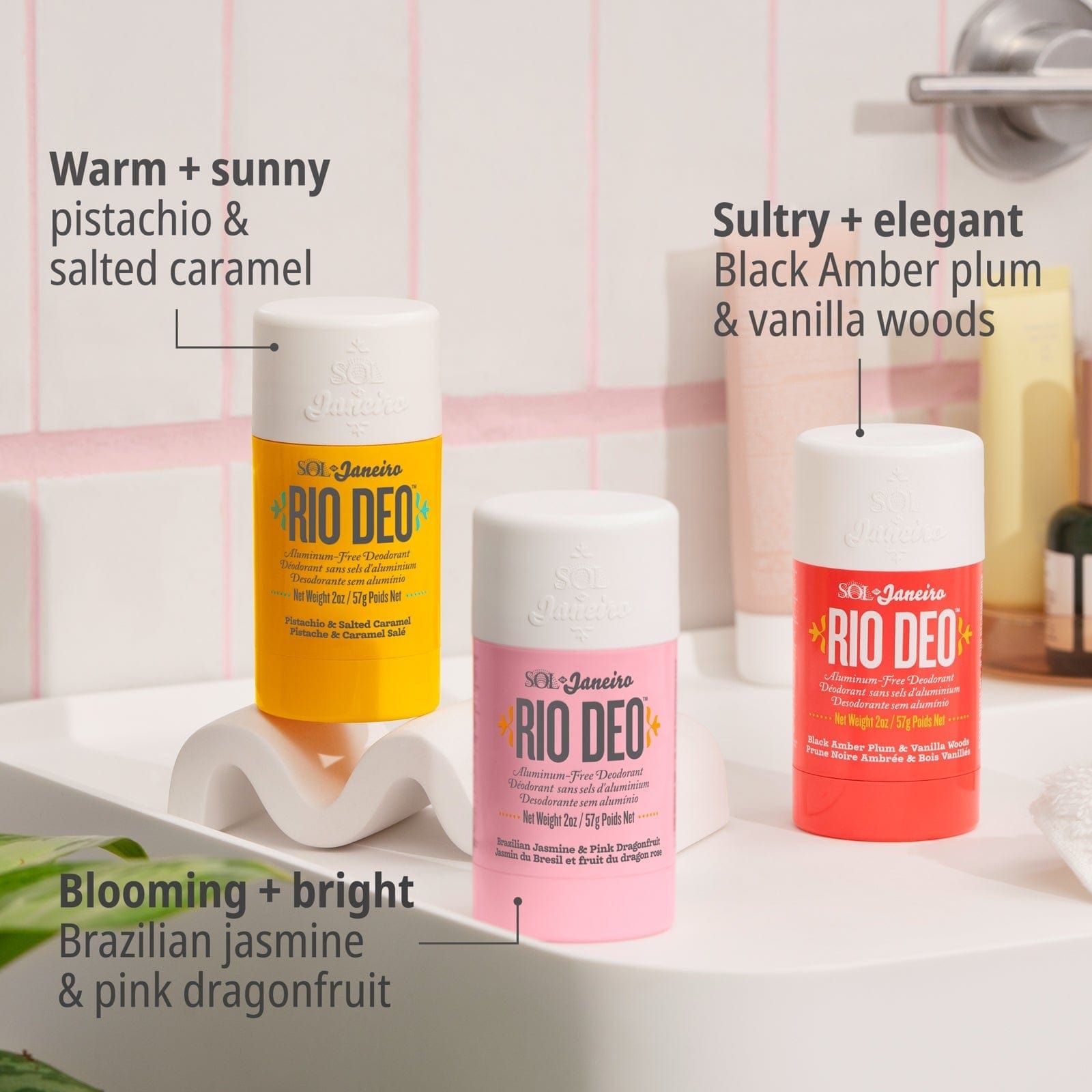 Warm and sunny pistachio + salted caramel, blooming + bright Brazilian jasmine + pink dragonfruit, sultry + elegant black amber plum & vanilla woods