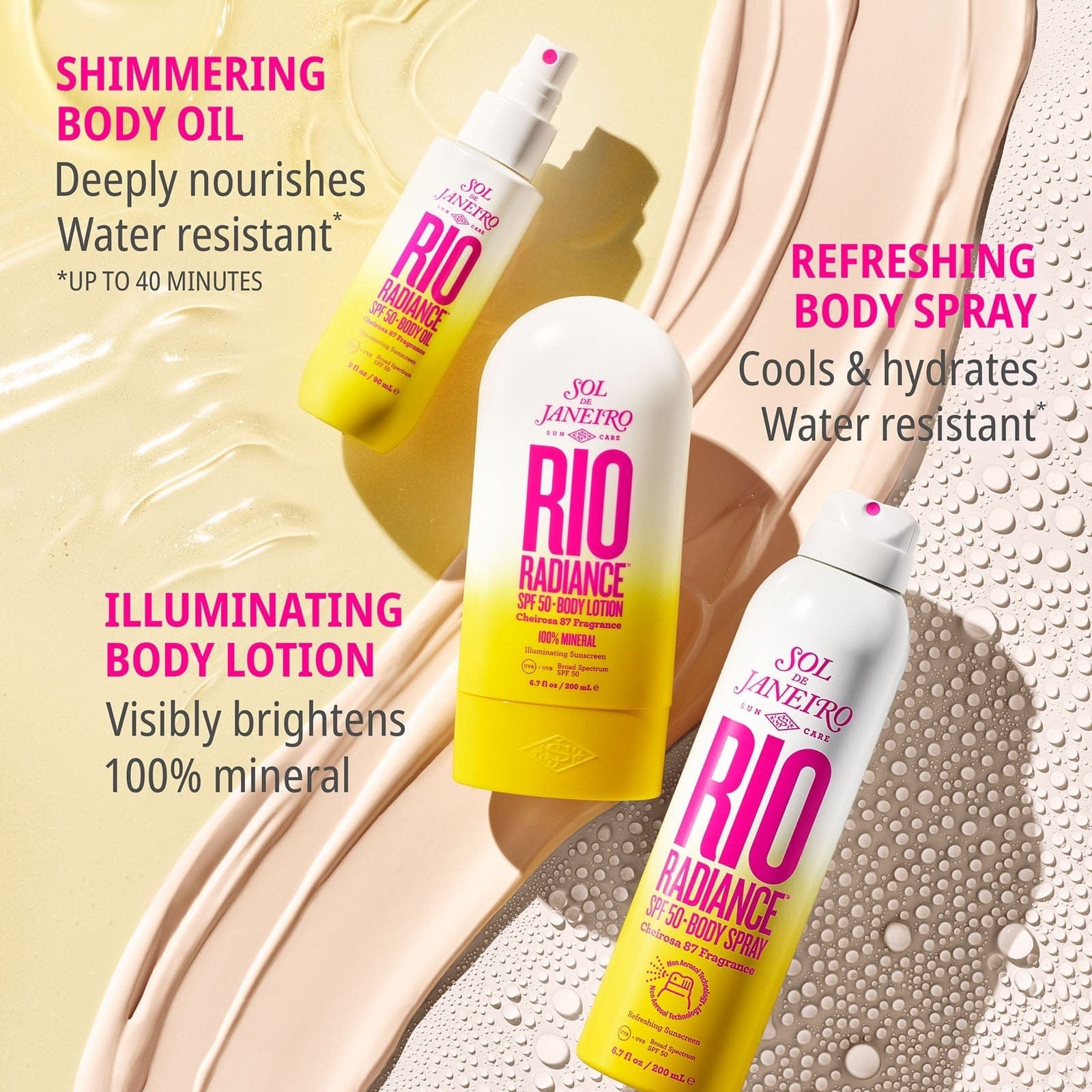 Shimmering body oil - deeply nourishes water resistant*, refreshing body spray cools & hydrates water resistant, illuminating body lotion visibly brightens 100% material