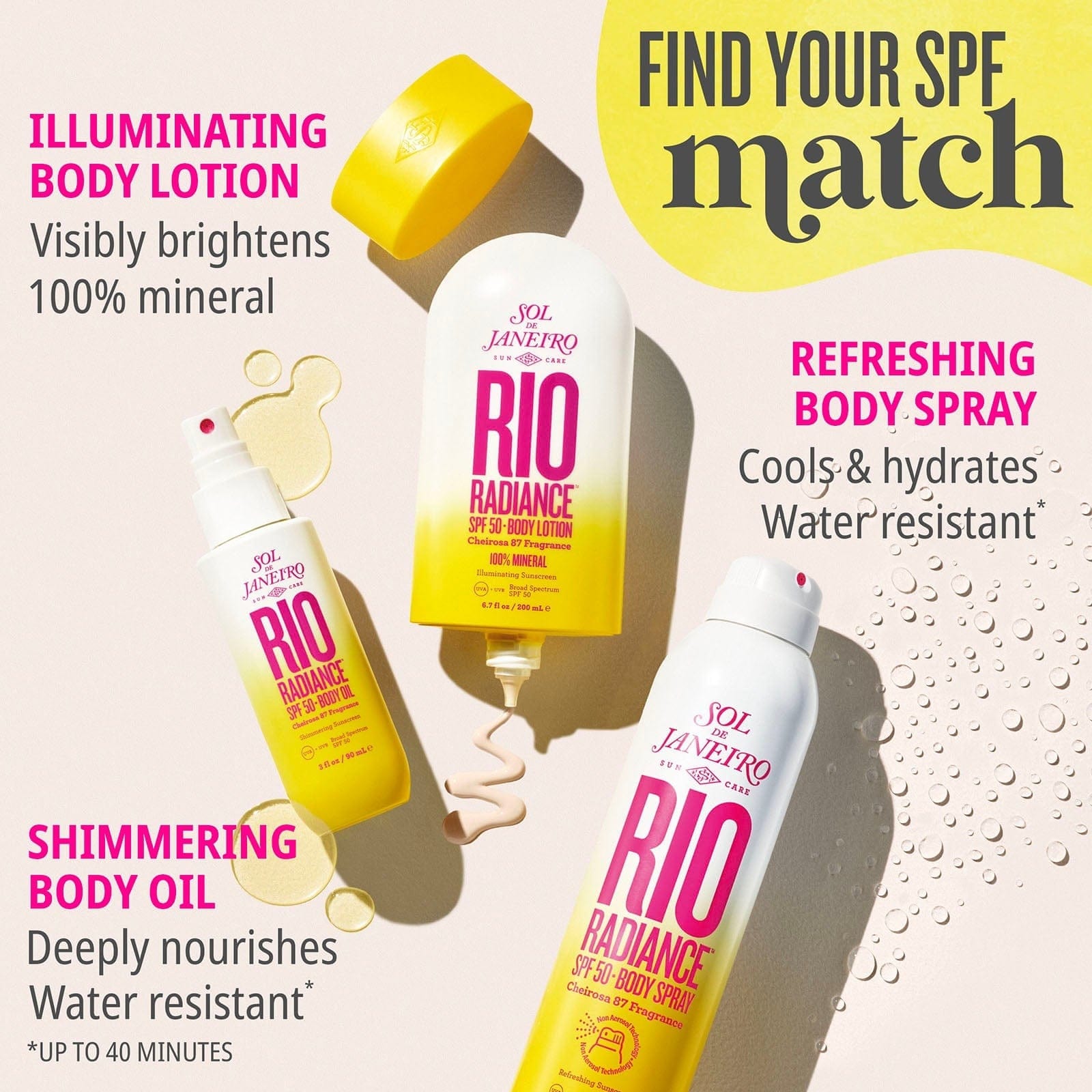 Find your SPF match. Illuminating body lotion - visibly brightens 100% mineral. Refreshing body spray cools and hydrates, water resistant. Shimmering body oil: deeply nourishes, water resistant* up to 40 minutes