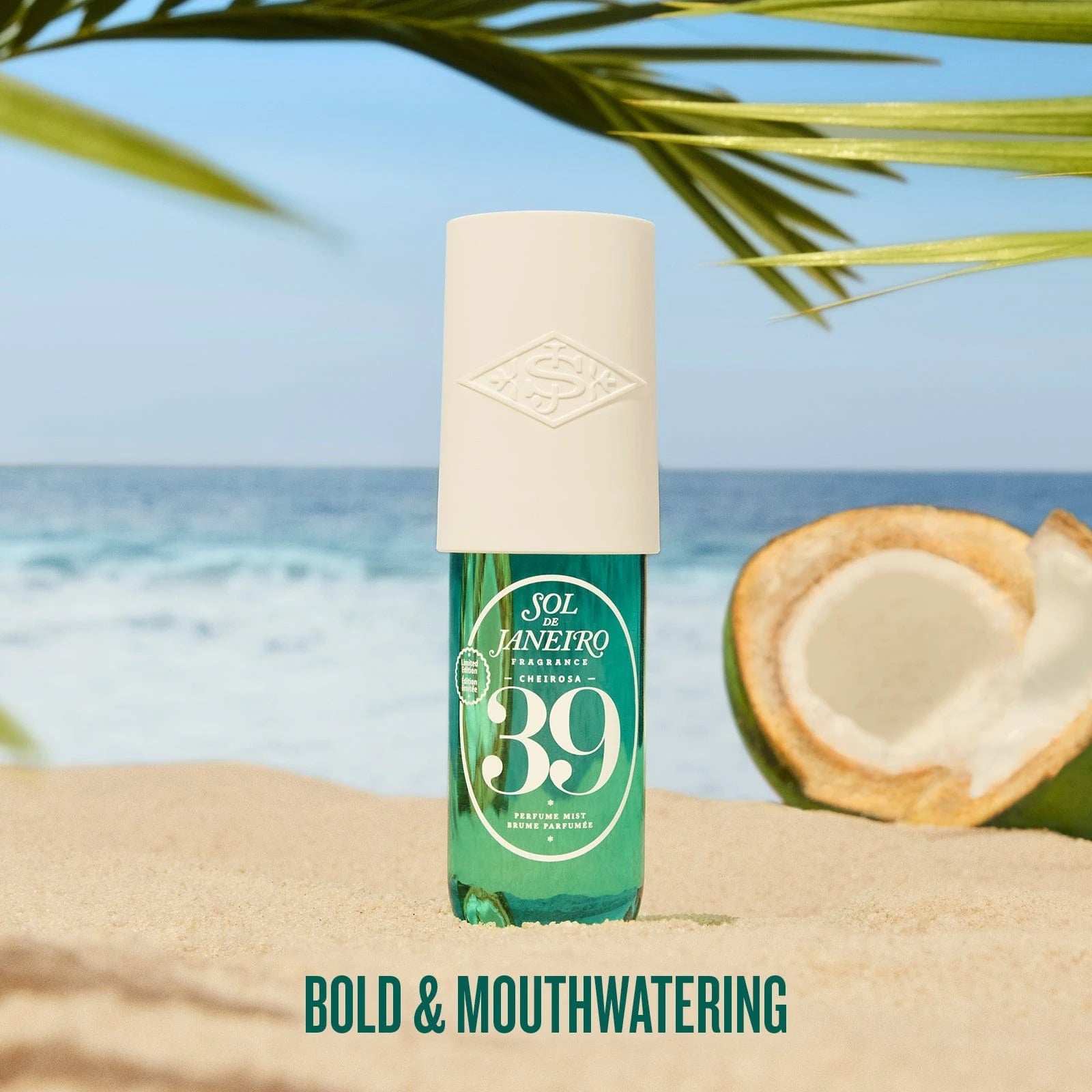 The text on the image reads "bold and mouthwatering" with the background being on a beach in Brazil. There is a render of the sol de janeiro cheirosa 39 perfume mist with a coconut shown in the background