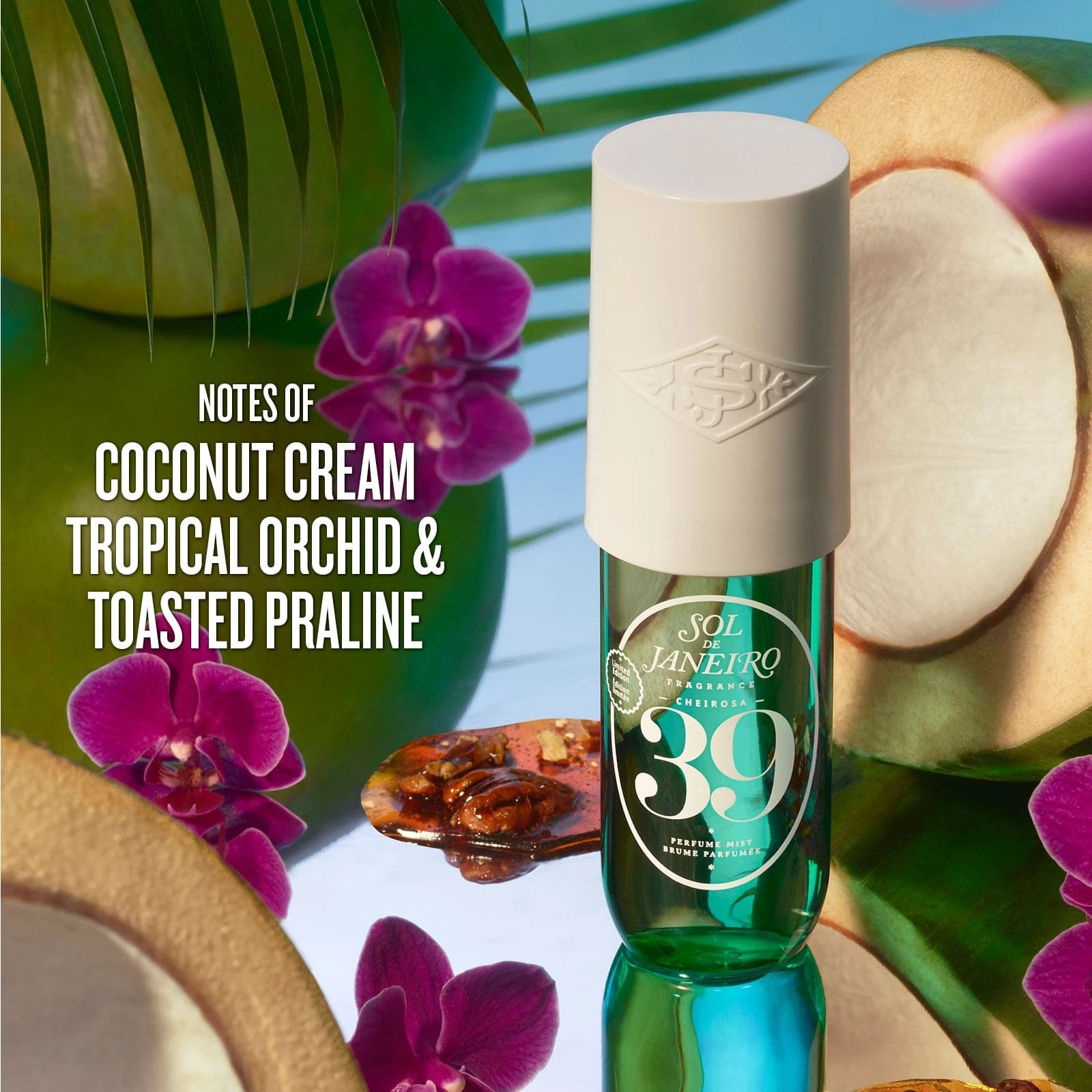 The text on the image reads "notes of cocnut cream, tropical orchid and toasted praline" this is an image of the sol de janeiro cheirosa 39 perfume mist render with orchid flowers and toasted praline in the background showcasing the fragrance notes of this perfume mist