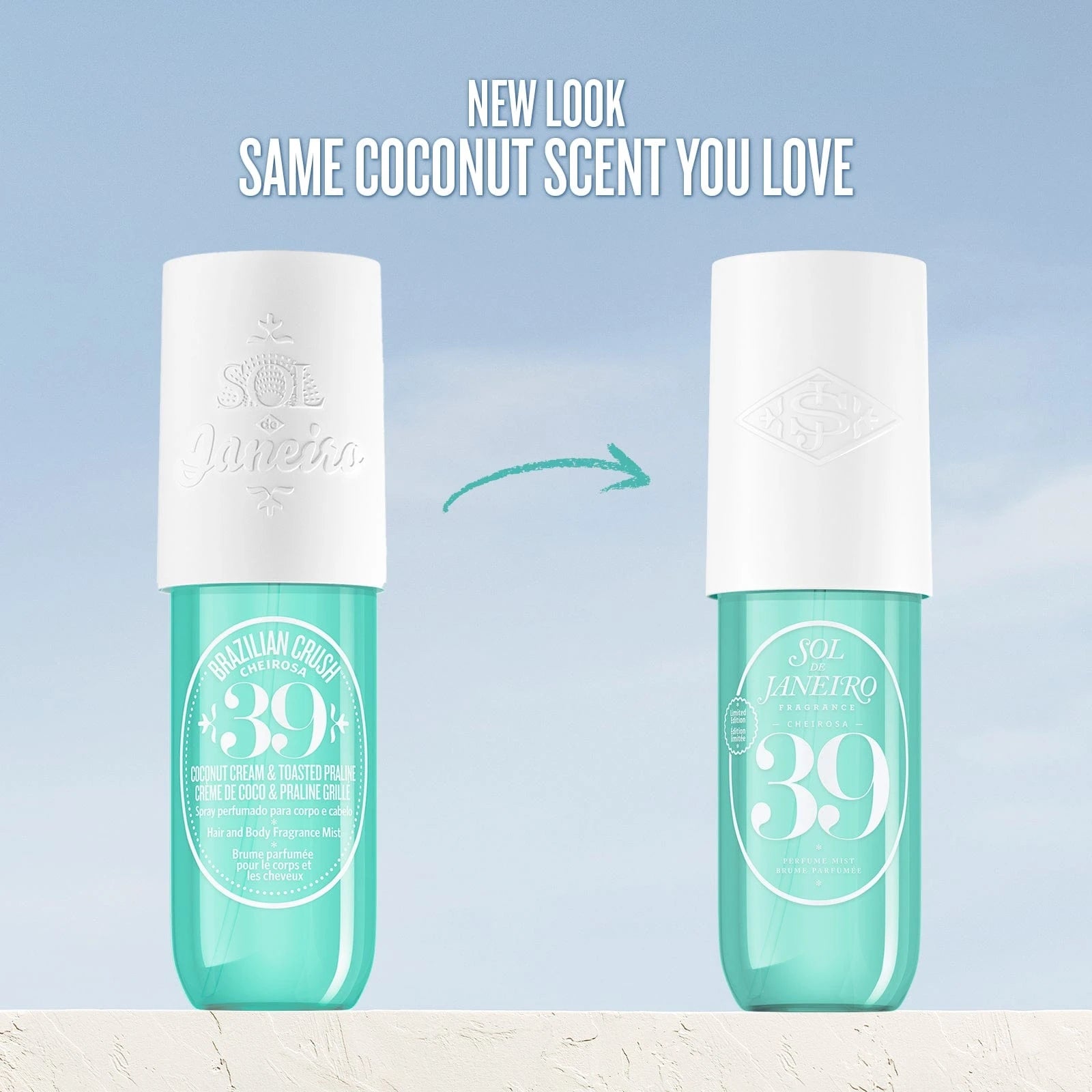 Image on text reads "new look same coconut scent you love" this is showcasing the old packaging cheriosa 39 perfume mist to our new updated render