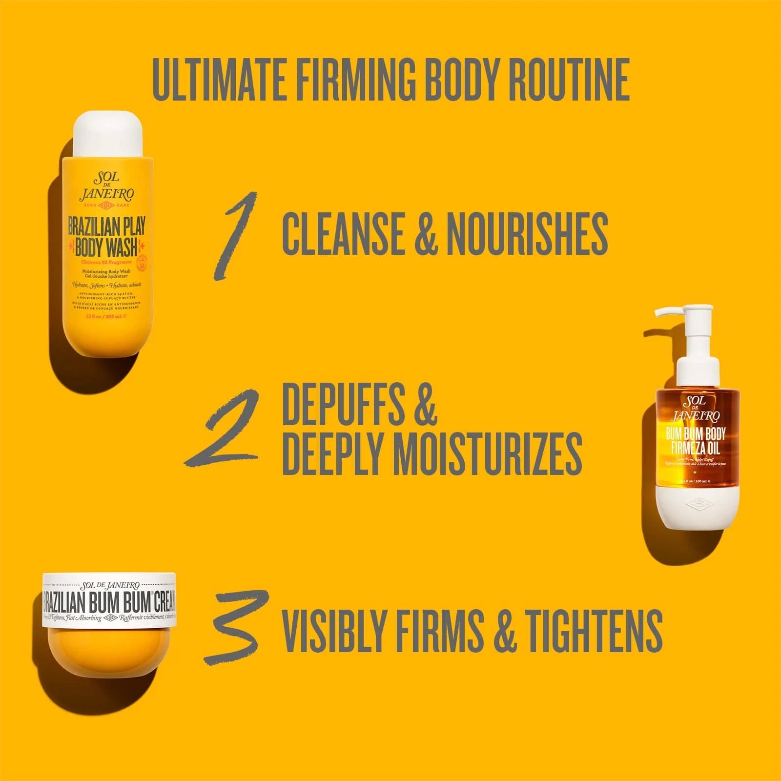 This image is of a yellow background, the same yellow as Sol de Janeiro Brazilian Bum Bum Cream.
The text on the image says as follows: ultimate firming body routine 1. cleanse & nourishes, 2. depuffs & deeply moisturizers, 3. visibly firms and tightens. The image also highlights all the products that are mentioned here, Brazilian play body wash, Bum Bum Body Firmeza Oil, and Brazilian Bum Bum Cream