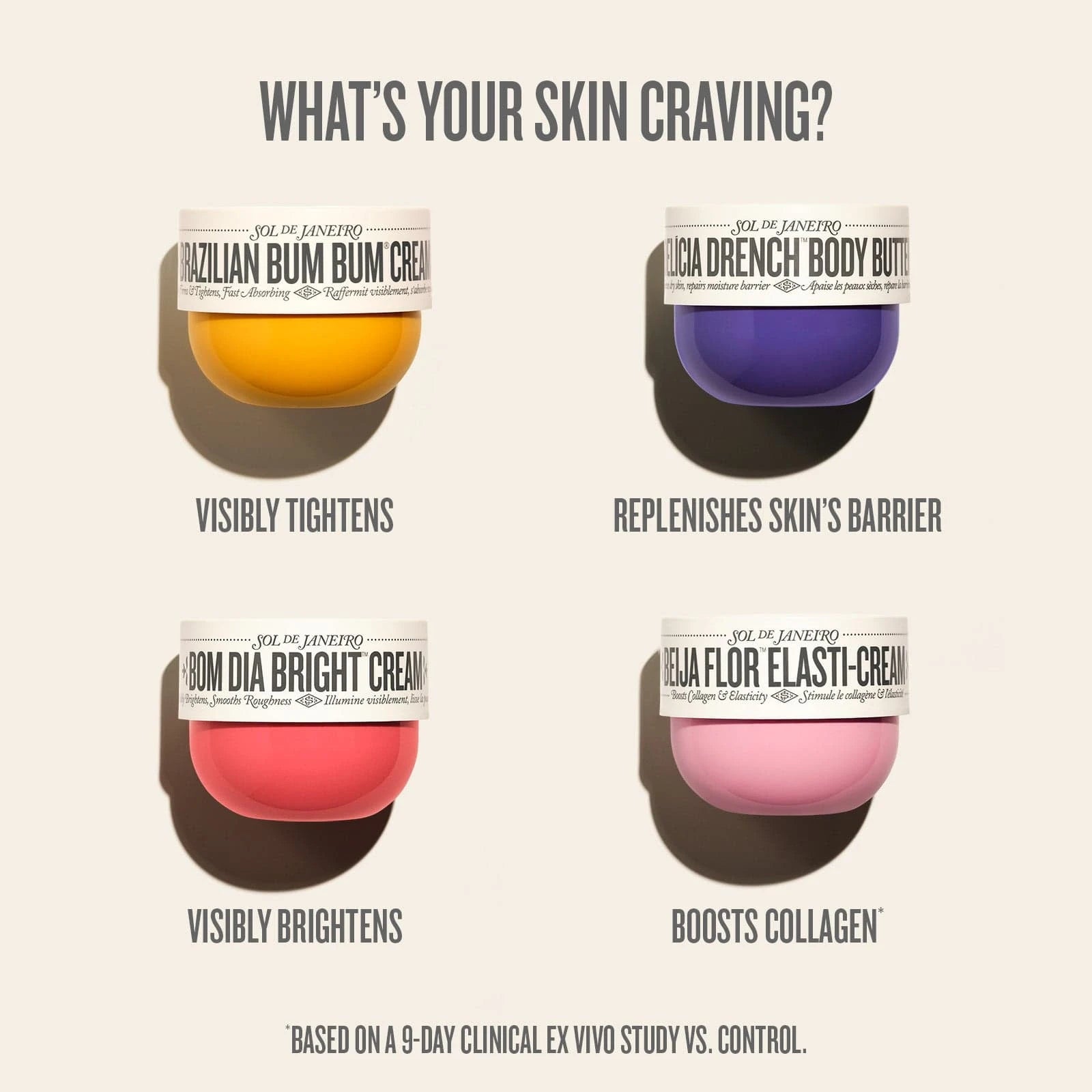 whats your skin craving? visibly tightens, replenishes skin barrier, visibly brightens and boosts collagen.