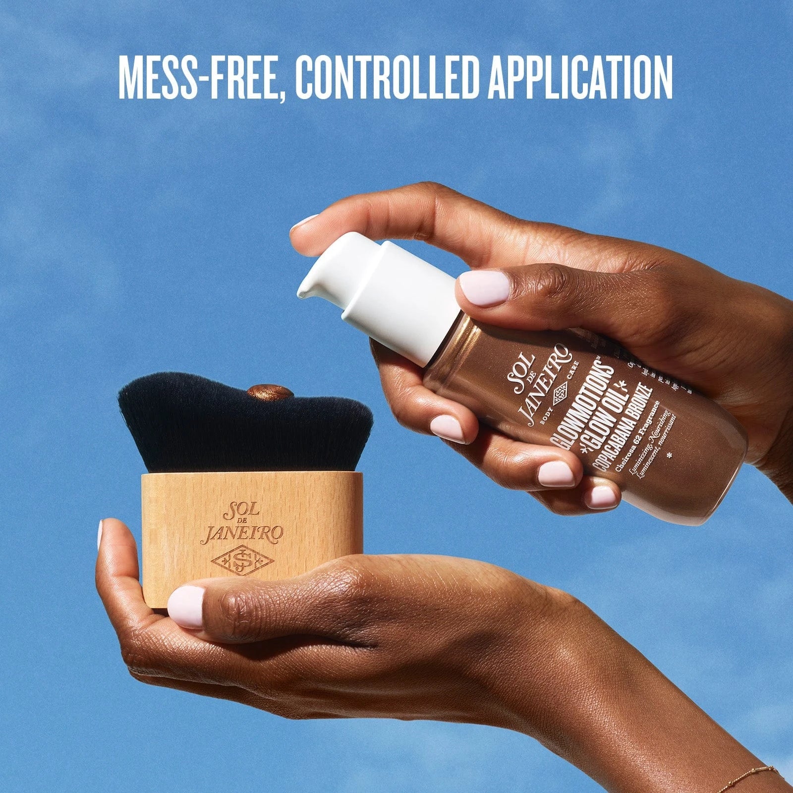 text on image reads mess free, controlled application. the image is of a model using the sol de janeiro glowmotions body oil in Copacabana bronze with the new glowmotions brush
