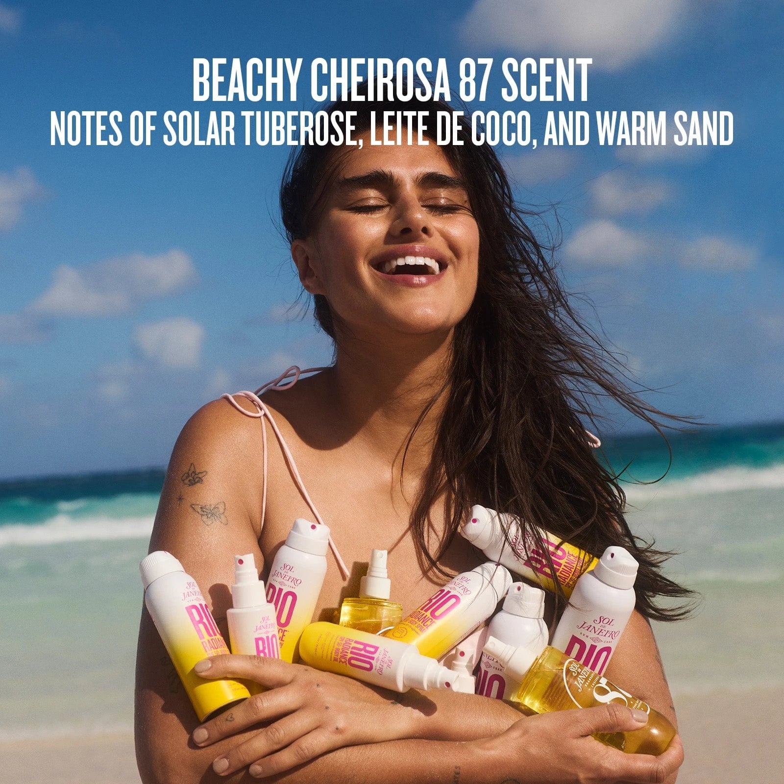 Beachy cheirosa 87 scent notes of solar tuberose, leite de coco, and warm sand