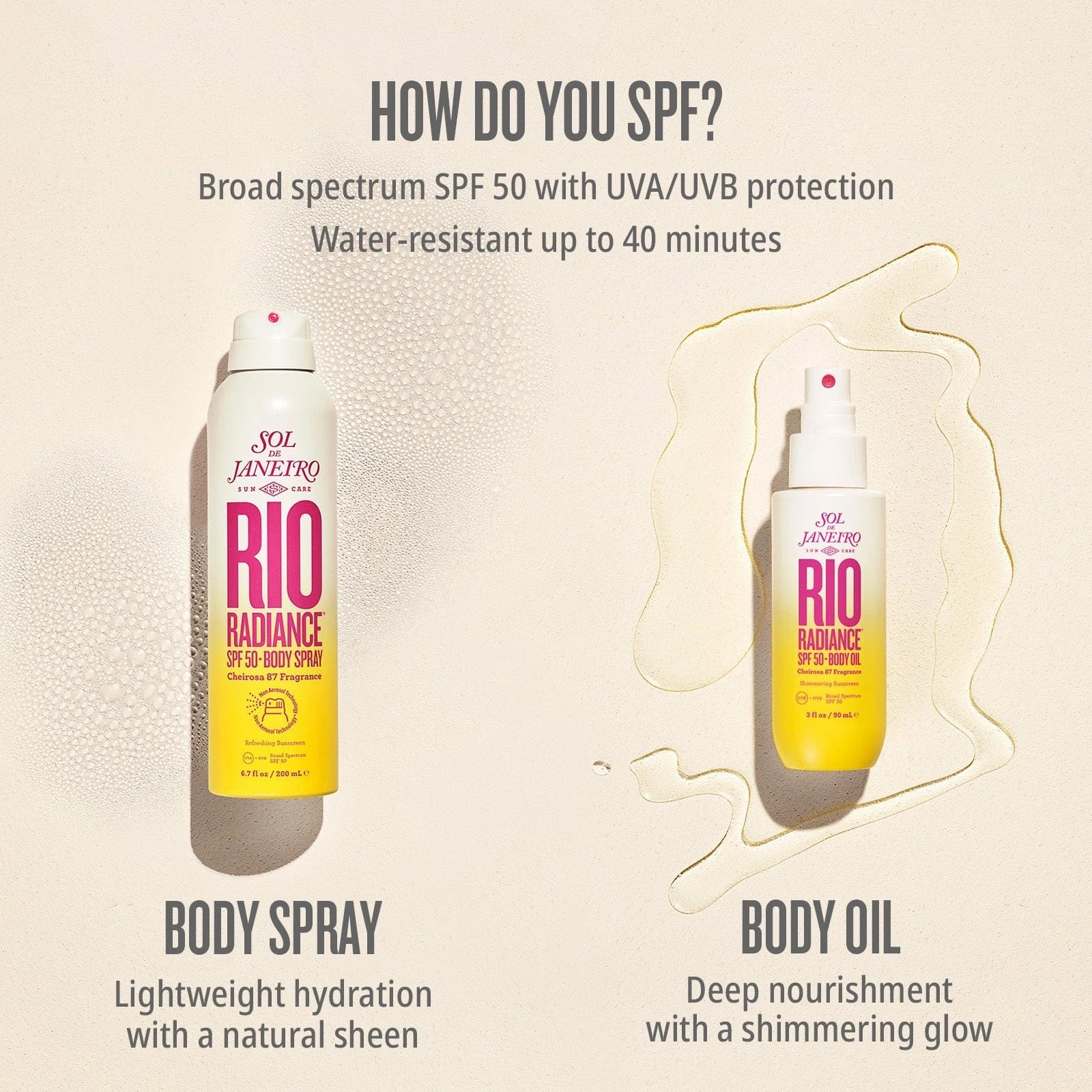 How do you SPF? Broad spectrum SPF 50 with uva/uvb protection. Water resistant up to 40 minutes. Body spray lightweight hydration with a natural sheen. Body oil deep nourishment with a shimmering glow