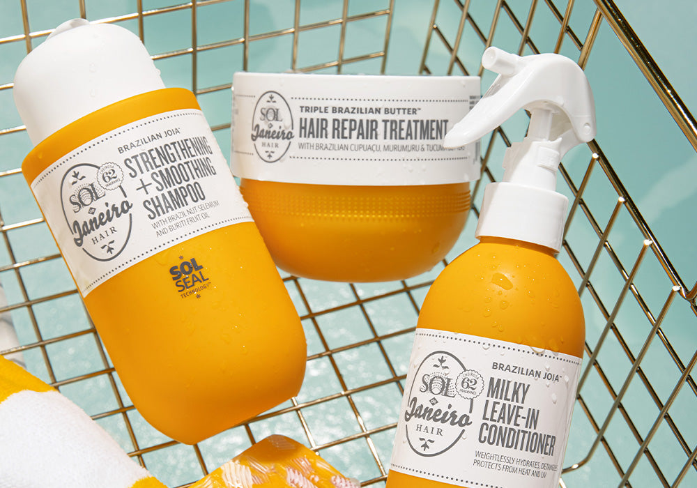 Brazilian Joia Shampoo, Brazilian Joia Leave-in conditioner, and Triple Brazilian Butter hair repair treatment in a basket