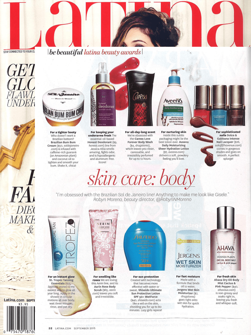 Latina magazine article featuring Brazilian Bum Bum Cream as a Beauty Award winner