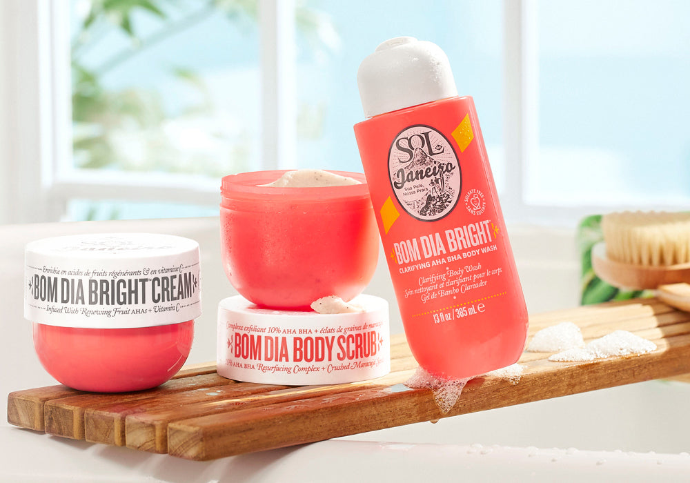 Bom Dia Bright Products on a wooden shelf