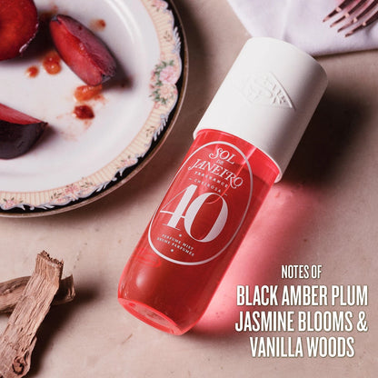 Image on text reads notes of black amber plum, jasmine blooms and vanilla woods. This is an image of sol de janeiro cheirosa 40 perfume mist scent notes