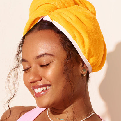 hair towel on model smiling