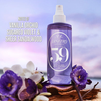 Text on image reads notes of vanilla orchid, sugared violet, and sheer sandalwood. This is an image of sol de janeiro cheirosa 59 perfume mist scent notes