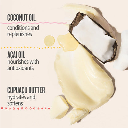 coconut oil conditions and replenishes, acai oil nourishes with antioxidants, cucuacu butter hydrates and softens