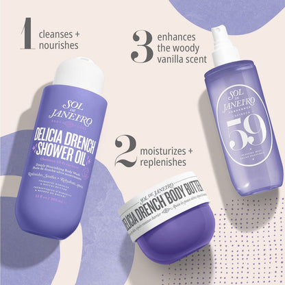 1 cleanses + nourishes, 2 moisturizes + replenishes, 3 enhances the woody vanilla scent 