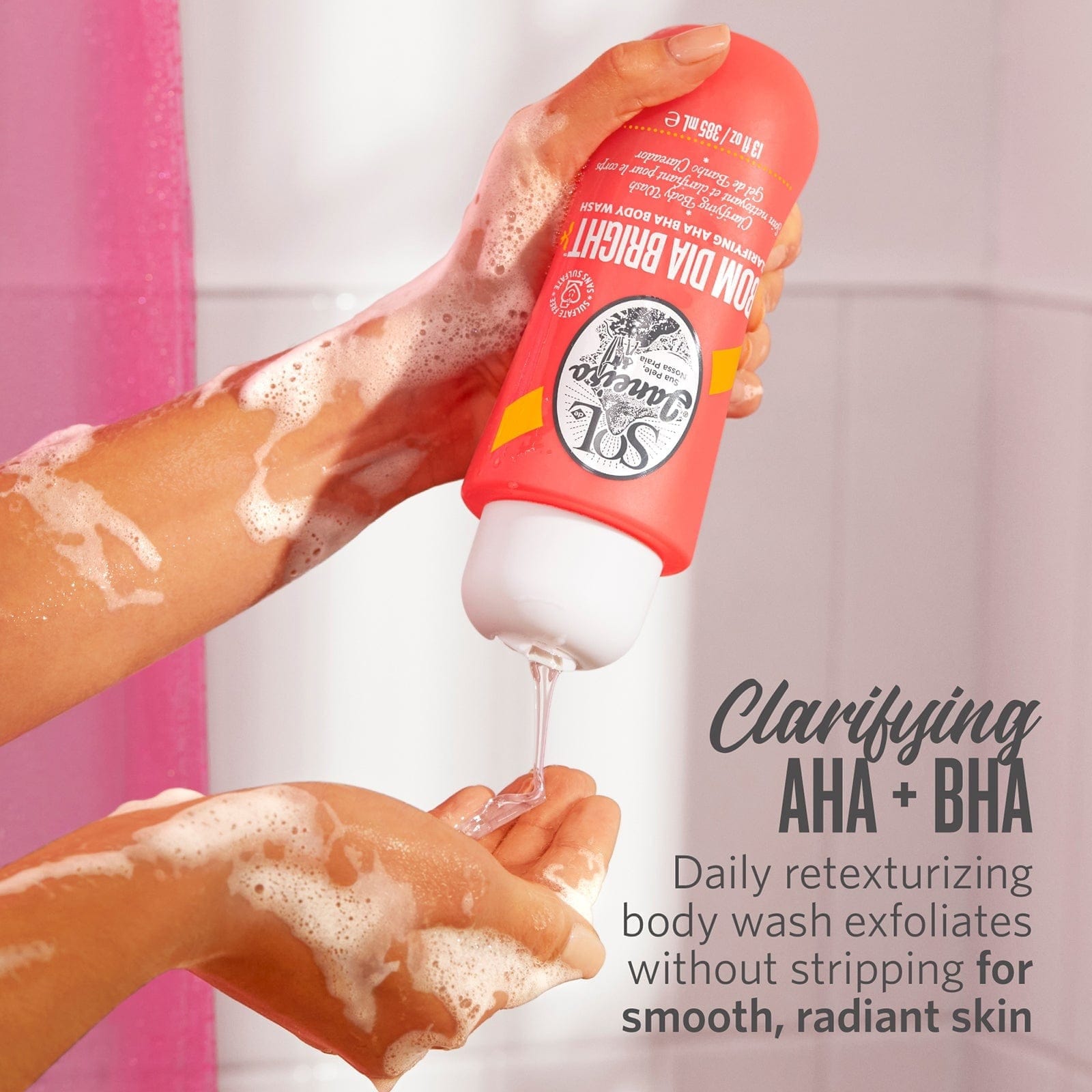 Clarifying AHA + BHA daily retexturizing body wash exfoliates without stripping for smooth, radiant skin