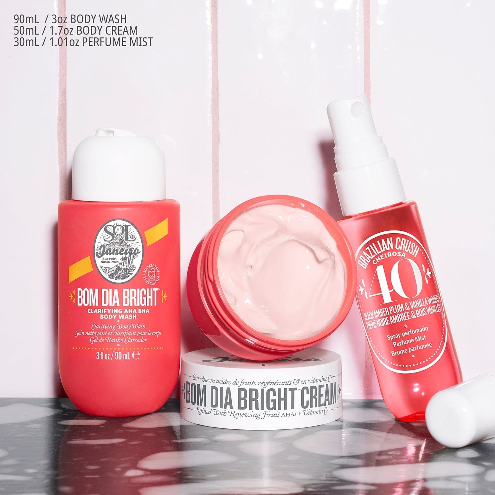 90ml bom dia body wash, 50ml bom dia body cream, 30ml cheirosa 40 perfume mist