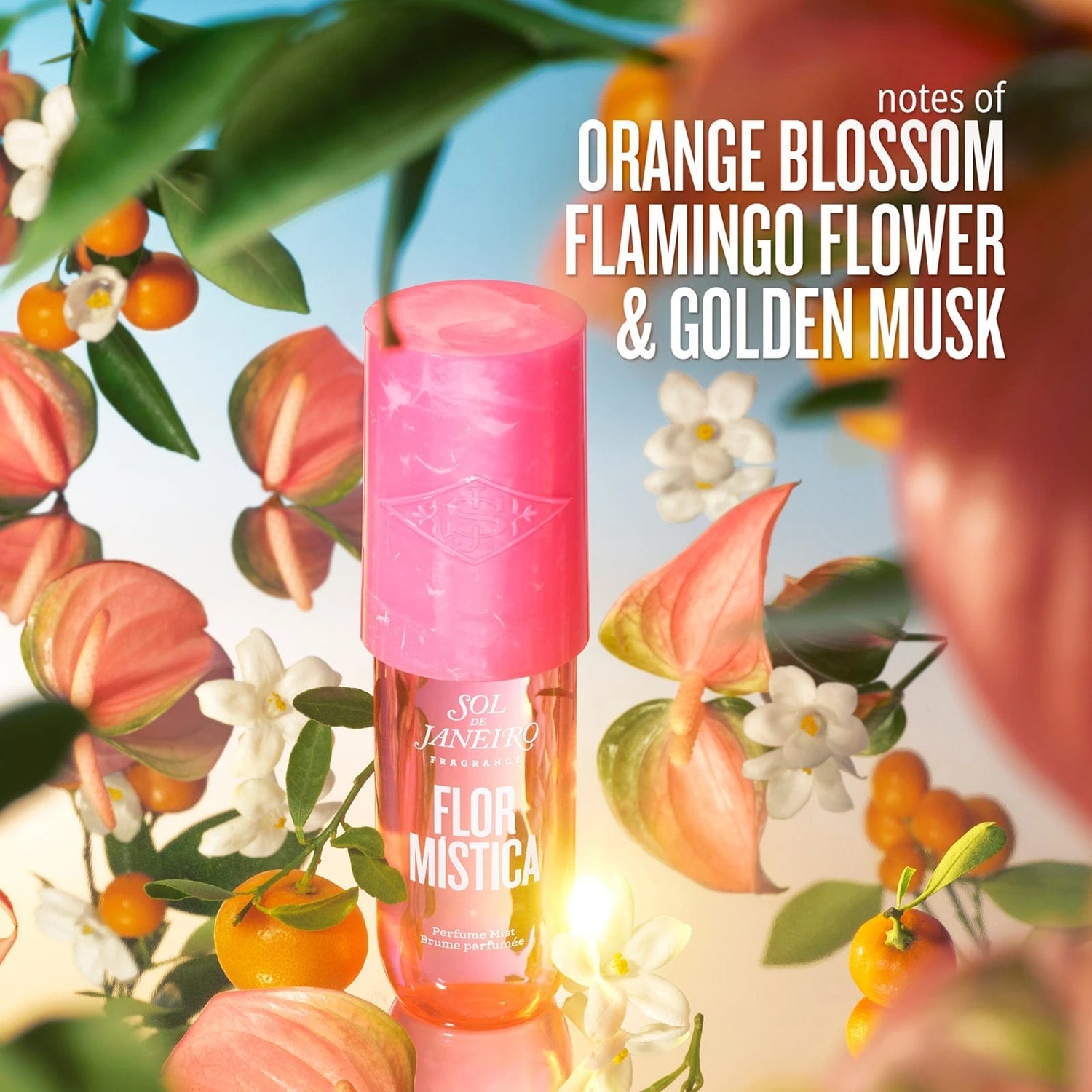 Notes of orange blossom, flamingo flower, and golden musk