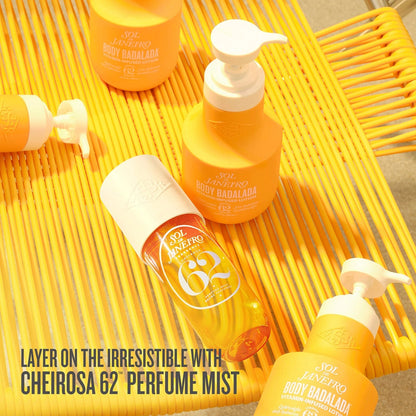 Text on asset reads &quot;layer on the irresistible with cheirosa 62 perfume mist&quot; This asset features Badalada Lotion and cheirosa 62 on sol de janeiro yellow background