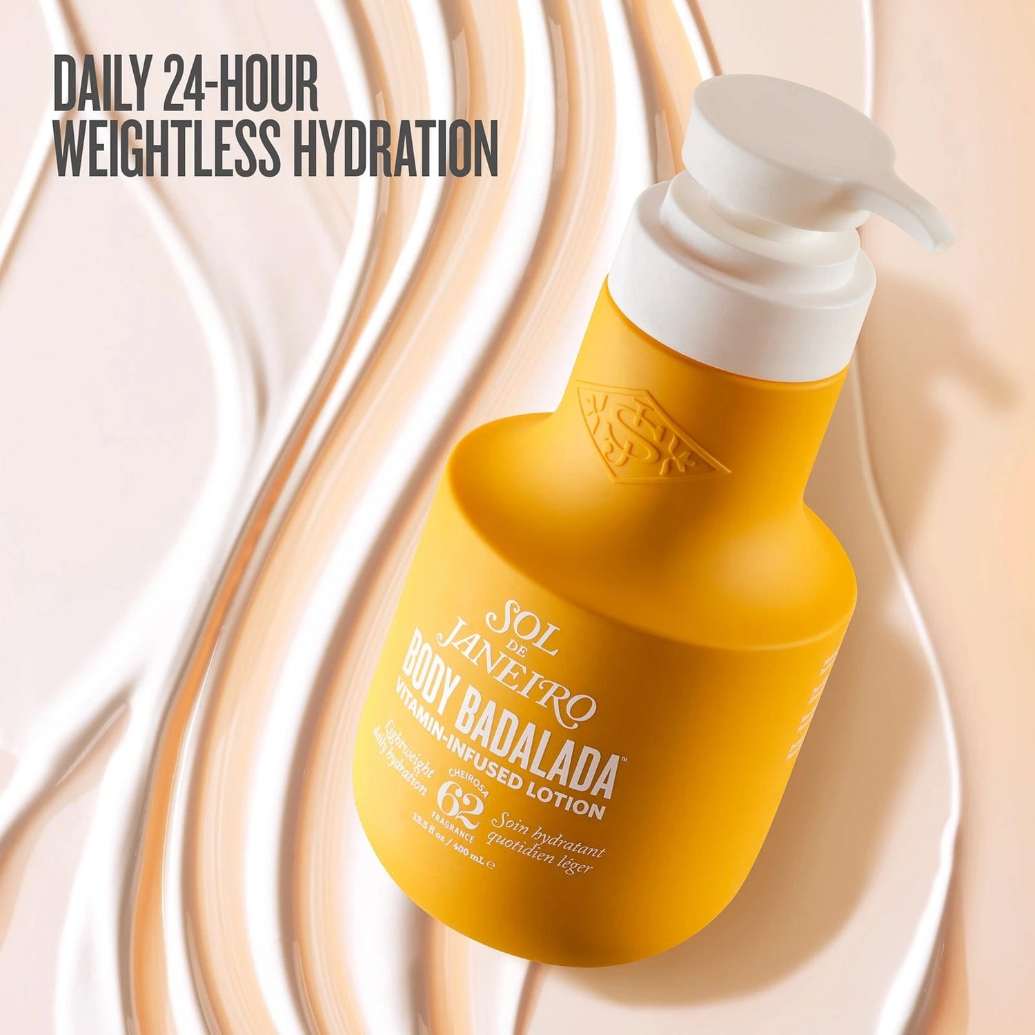 Copy on asset reads &quot;Daily 24-Hour Weightless Hydration&quot; Image of Sol de Janeiro Badalada Body Lotion