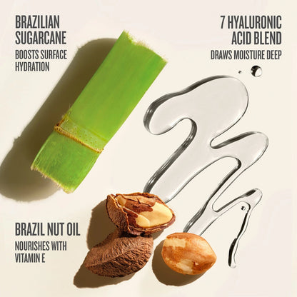 Text on image reads &quot;Brazilian sugarcane boosts surface hydration, 7 Hyaluronic acid blend draws moisture deep, Brazil nut oil nourishes with vitamin e&quot; This image shows all of the ingredients that are featured in Sol de Janeiro Badalada Lotion