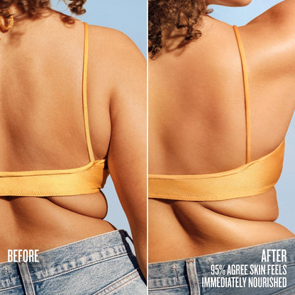 Text on image reads &quot;Before, After 95% agree skin feels immediately nourished&quot; This image is showing a model before putting on Sol de Janeiro Badalada Lotion. She is wearing a sol de janeiro yellow bathing suit with jean shorts