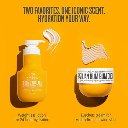 The text on image reads &quot;two favorites. one iconic scent. hydration your way. weightless lotion for 24 hour hydration. Luscious cream for visibly firm, glowing skin&quot; This image is showing both Badalada Lotion and Bum Bum Cream