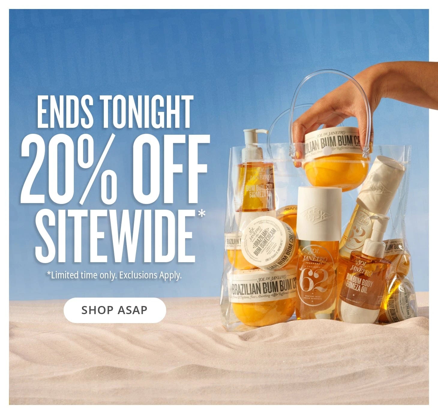 text on image reads ends tonight 20% off sitewide* last chance to shop our biggest summer event. shop ASAP *limited time only. exclusions apply.