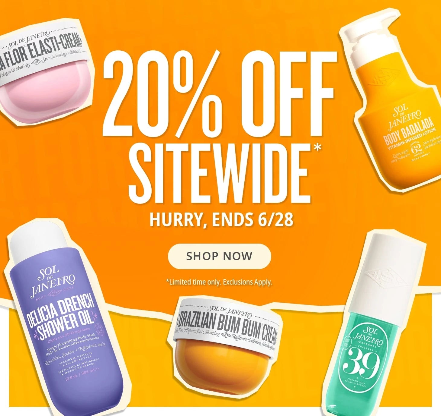 text on image reads 20% off sitewide* hurry, ends 6/28 shop now *limited time only, exclusions apply