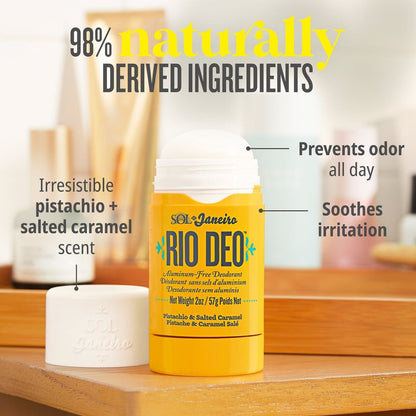 98% naturally derived ingredients. Irresistible pistachio + salted caramel scent. Prevents odor all day, soothes irritation