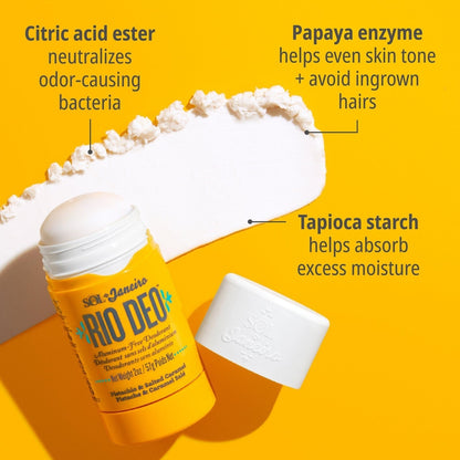 Citric acid ester neutralizes odor-causing bacteria. Papaya enzyme helps even skin tone + avoid ingrown hairs, tapioca starch helps absorb excess moisture