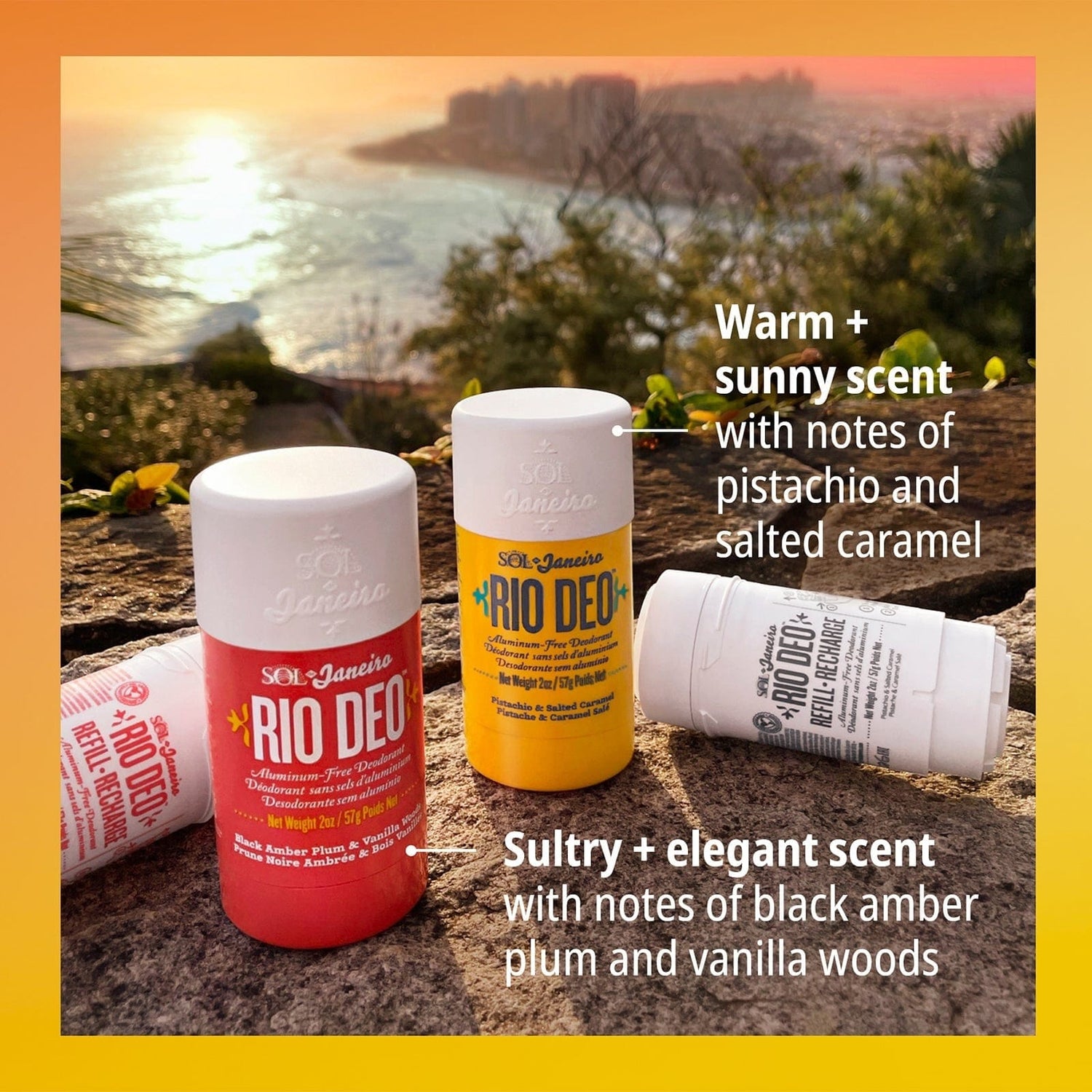 Warm + sunny scent, with notes of pistachio and salted caramel. Sultry + elegant scent with notes of black amber plum and vanilla woods