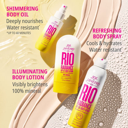 Shimmering body oil - deeply nourishes water resistant*, refreshing body spray cools &amp; hydrates water resistant, illuminating body lotion visibly brightens 100% material