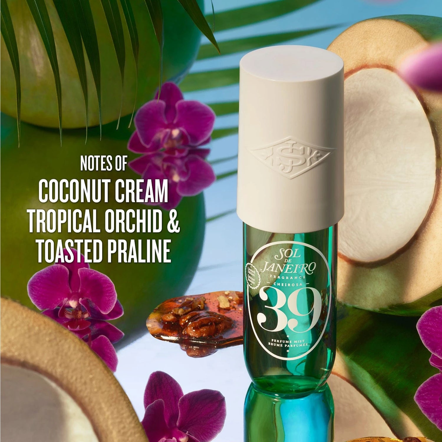 The text on the image reads &quot;notes of cocnut cream, tropical orchid and toasted praline&quot; this is an image of the sol de janeiro cheirosa 39 perfume mist render with orchid flowers and toasted praline in the background showcasing the fragrance notes of this perfume mist